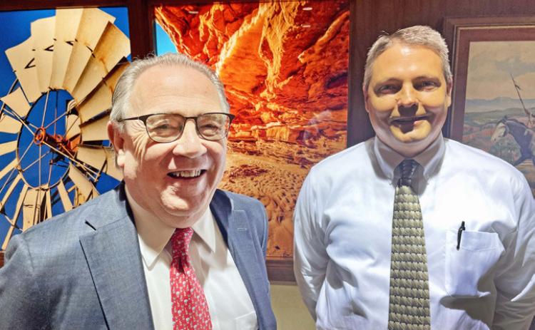 TEAMING UP First National Bank of Quitaque president GuyYoung (left) welcomed banker Kyle Fuston to the FNB team at a recent meeting of the board of directors. Fuston has been working out of the Quitaque location in preparation for opening a branch in Silverton. | CAPROCK COURIER