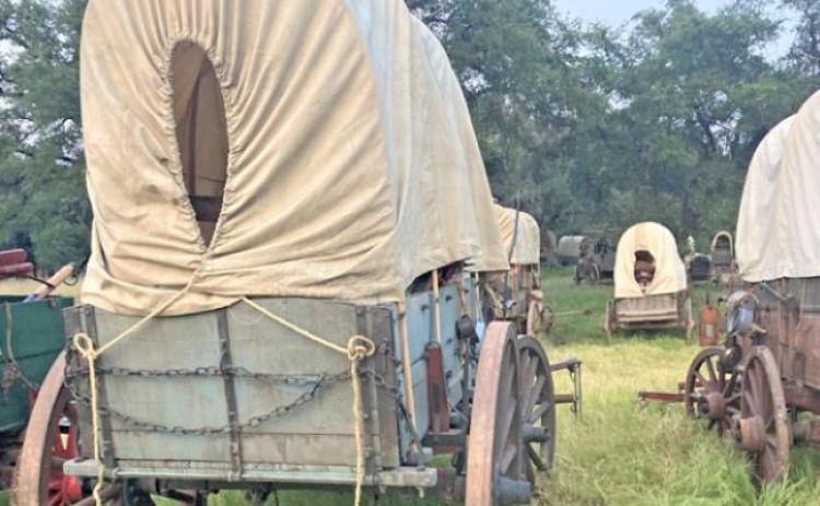 “Y: 1883” TEXAS FILMING Wagons circle at the Diamond-S Ranch near Weatherford, where filming of “Y:1883,” the “Yellowstone,” prequel is taking place. Texas cities that film industry press have named as filming locations include Fort Worth, Granbury, Weatherford and Guthrie. Social media has noted filming from all locations except Guthrie so far this year. | COURTESY PHOTO