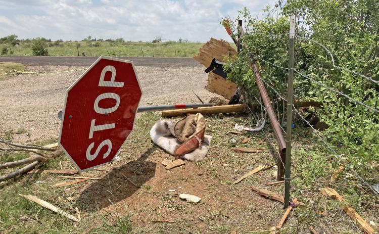 Wednesday evening’s tornado left a trail of mangled traffic signs and debris across Highway 70 just south of Matador.
