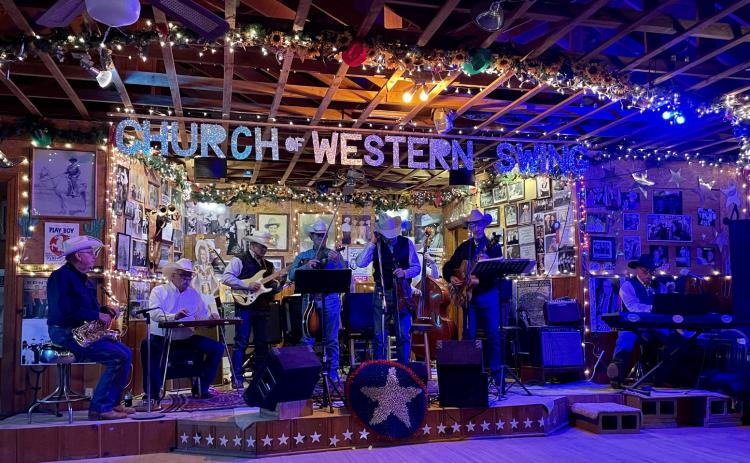 WESTERN SWING MUSIC can be found in all corners of Turkey, Texas, during the week of Bob Wills Day each year—from informal gatherings at“the Slab”and camper jams, to the Hotel Turkey and the Church of Western Swing (above), as well as at the official venue at the Bob Wills Center. | CAPROCK COURIER