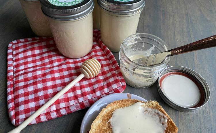 FOR A HEALTHFUL GIFT present whipped honey in half-pint jars with stick-on holiday labels. | ANGELINA LaRUE PHOTO