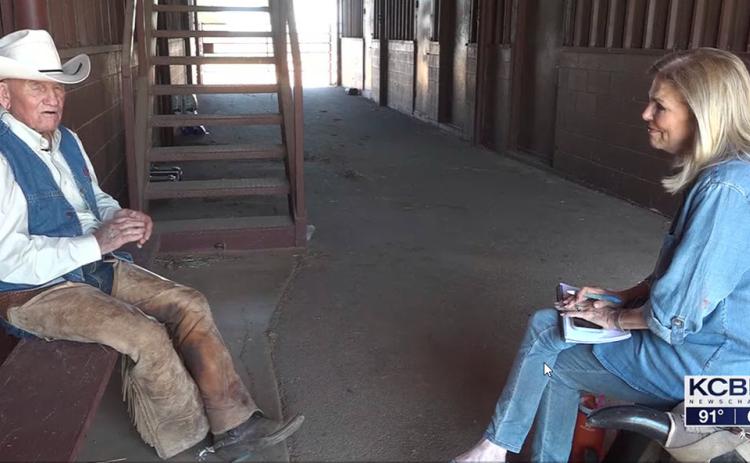 KCBD AT GUTHRIE Lubbock Channel 11 news anchor Karin McCay interviews storied cowboy Boots O’Neal at the 6666 Ranch last week when KCBD brought their Community Coverage tour to Guthrie last week. | KCBD IMAGE
