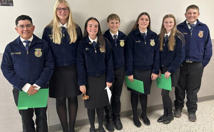 CHAPTER CONDUCTING The Silverton FFA Chapter Conducting team consisting of (from left) Julian Colunga, Addison Rhoderick, Kelby Harrison, Dillon Martin, Bella Holt, Laney Francis, Eli Francis and Jake Mullin (not pictured) has been placing well in preparation for the district contest, taking 5th at the Lubbock Cooper Invitational and 4th at theTahoka Invitational. | COURTESY PHOTO