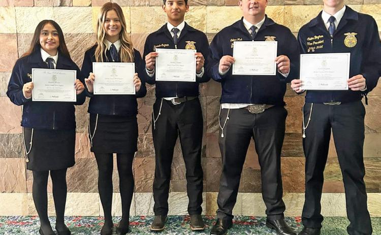 LONESTARDEGREESFROMMOTLEYCOUNTY Elizabeth Morales, Harlee Hill, Karmelo Guzman, Colter Fisk and Caden Bigham received their Lone Star Degrees while attending the 97th Annual State FFA Convention in Fort Worth last week. The Texas FFA Lone Star Degree is the highest degree achievable at the state level within the Texas FFA Association. | COURTESY PHOTO