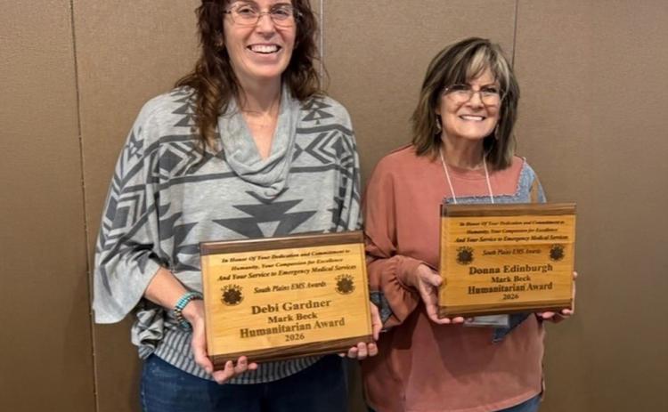 SELFLESS SERVICE McAdoo’s Debi Gardner, left, and Donna Edinburgh of the Dickens Emergency Management Service were both recognized April 11 with the Mark Beck Humanitarian Award. McAdoo volunteers often assist departments in neighboring counties in the area as well. | COURTESY PHOTO