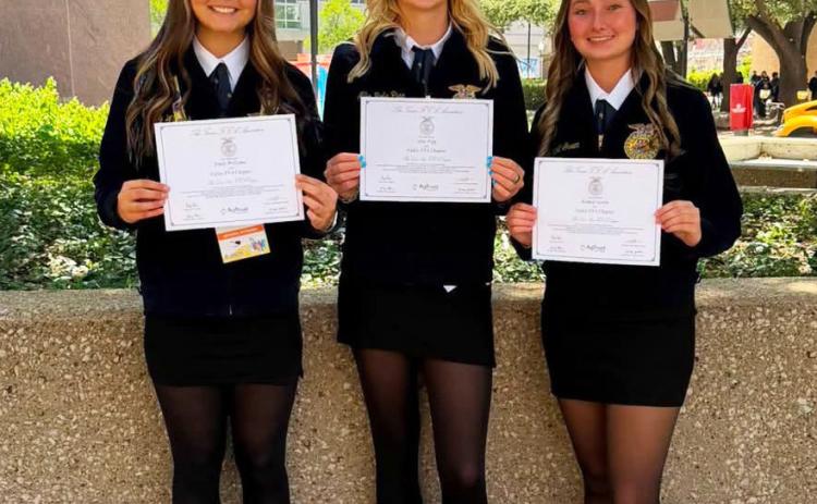 VALLEYATSTATEFFA Valley’s EmilyWilliams, Allie Pigg and Kenadi Green received their FFA Lone Star Degrees at the first session of the 98th Texas FFA State Convention, which was held July 6–10, 2026 in FortWorth.The event brought together more than 16,000 attendees. Others in attendance this year were Hartlee Battey, Tandy Hughes, Kamree Varnell, Addison Rhoderick, and Landri House. | COURTESY PHOTOS