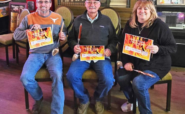 FIRST, SECOND, AND THIRD PLACE at the Briscoe Chili Cook Off went to (from right) Sha Ebling, Kenny Ebling, and Patrick Head. | COURTESY PHOTO