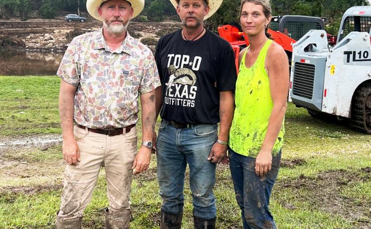 Jeremy Adkins, who manages the Antina Barrel Creek Ranch in Briscoe County, accompanied by ranch staffers Heath Carlisle and Shealee Carlisle, traveled to Camp Mystic in Kerrville to lend help within hours of July 4’s fatal flooding. | COURTESY PHOTO